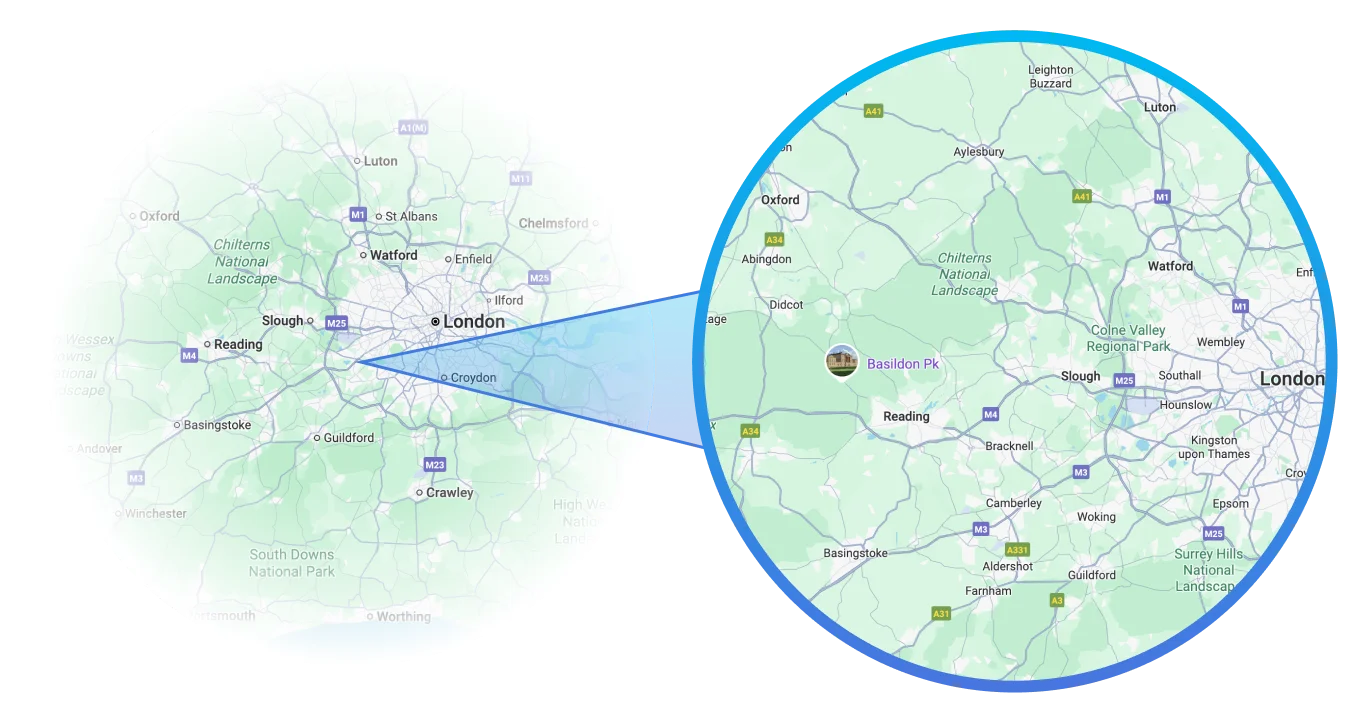 Map of areas covered including South West London and Surrey