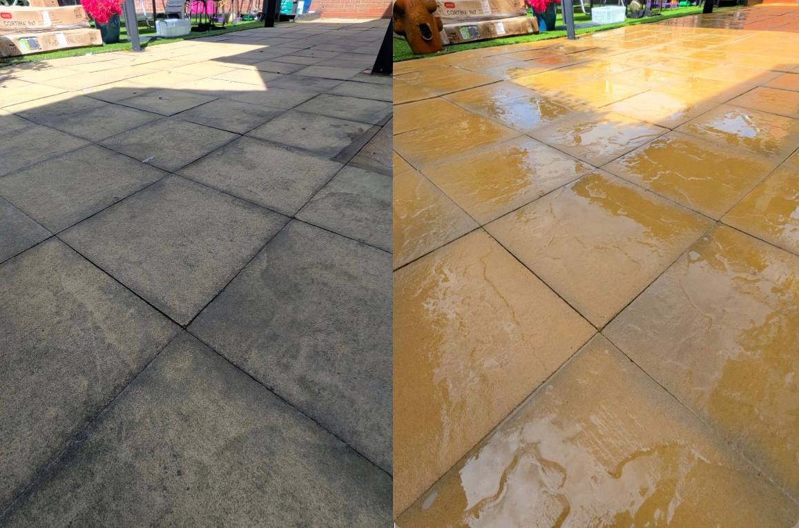 Patio before and after pressure washing